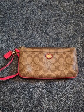 Coach Y2K Brown Signature Wristlet SLG with Coral Pink Trim